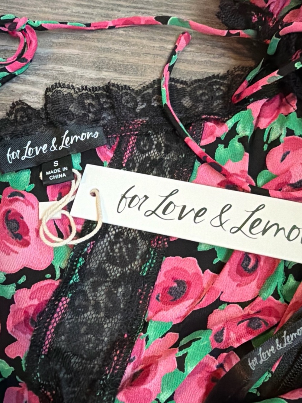 For Love & Lemons Black Floral Lace-Trim Mini Dress with Pink & Green Print - Picture 2 of 5